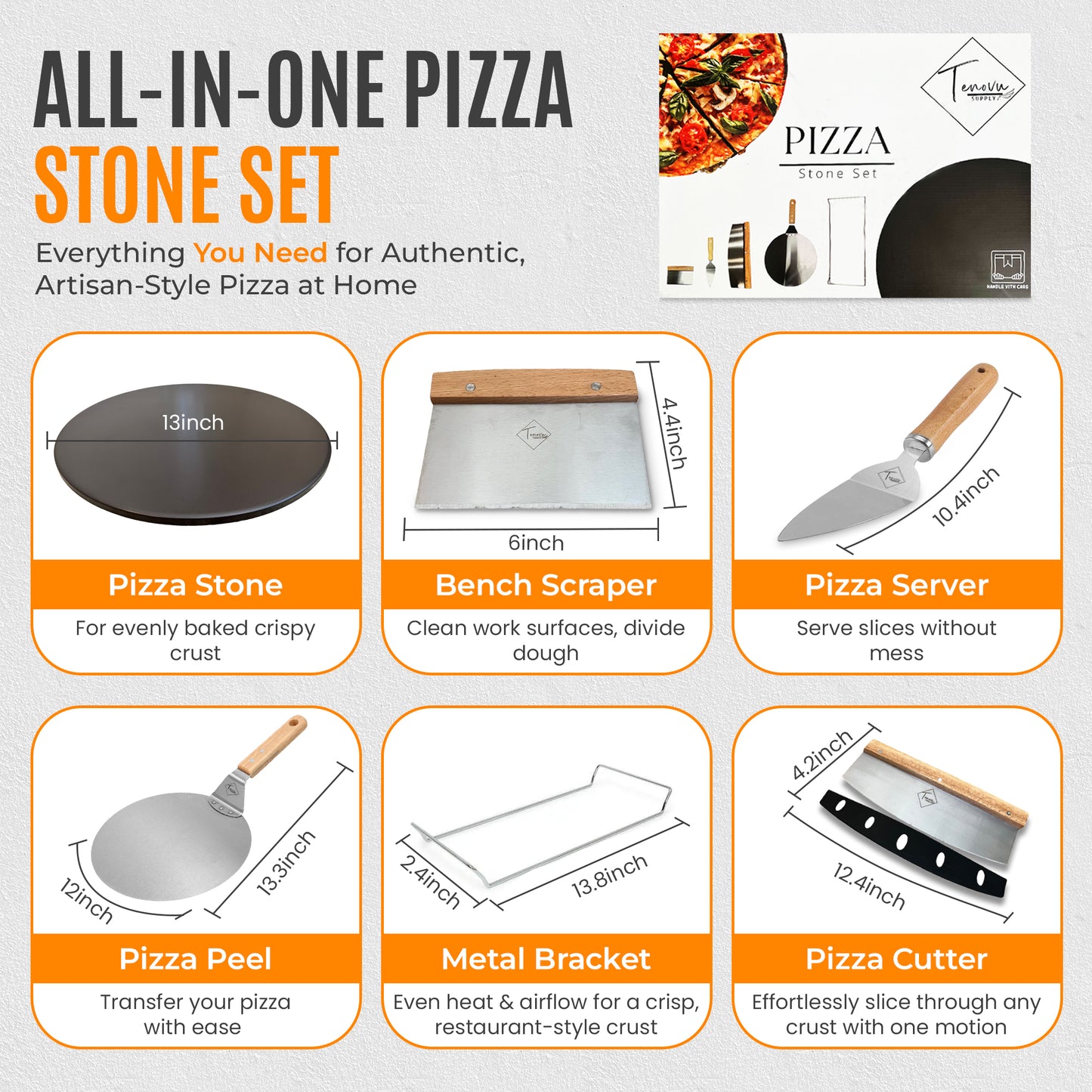 Pizza Stone Set 13" Black Cordierite Oven Grill w/ Peel, Cutter – Tenovu Supply