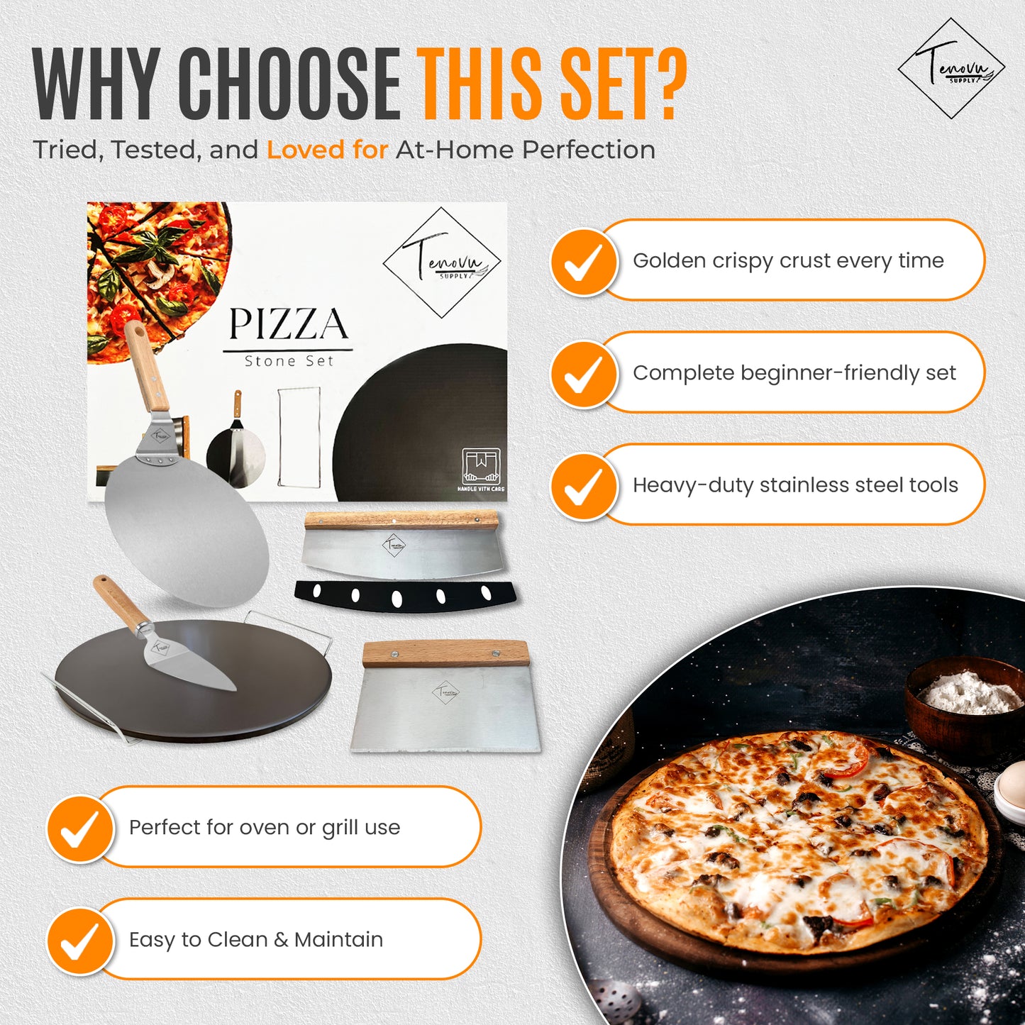 Pizza Stone Set 13" Black Cordierite Oven Grill w/ Peel, Cutter – Tenovu Supply