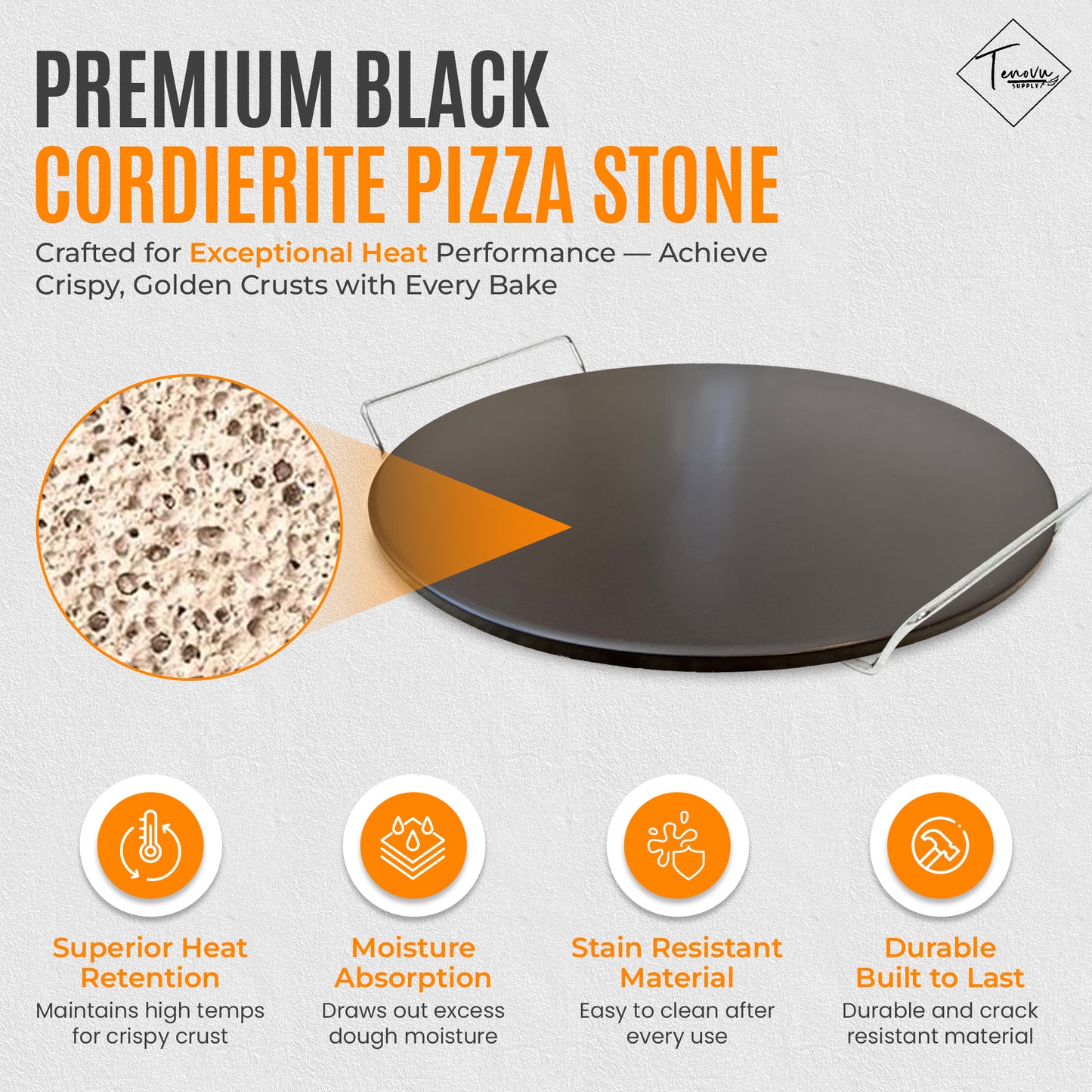 Pizza Stone Set 13" Black Cordierite Oven Grill w/ Peel, Cutter – Tenovu Supply