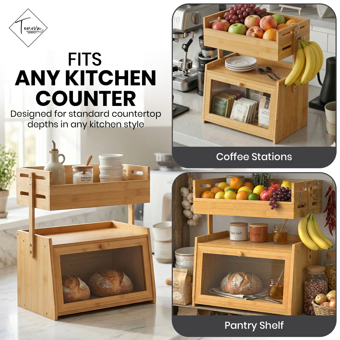 2-in-1 Bamboo Bread Box & Fruit Basket
