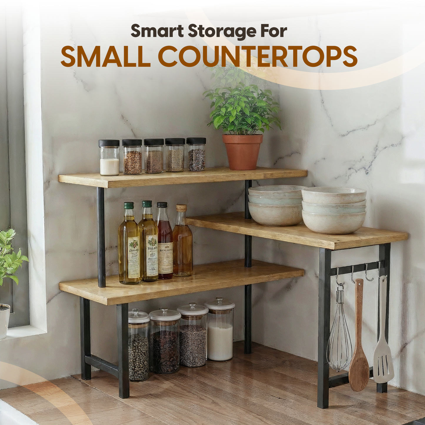 3 Tier Bamboo Corner Shelf with Extended Top Tier