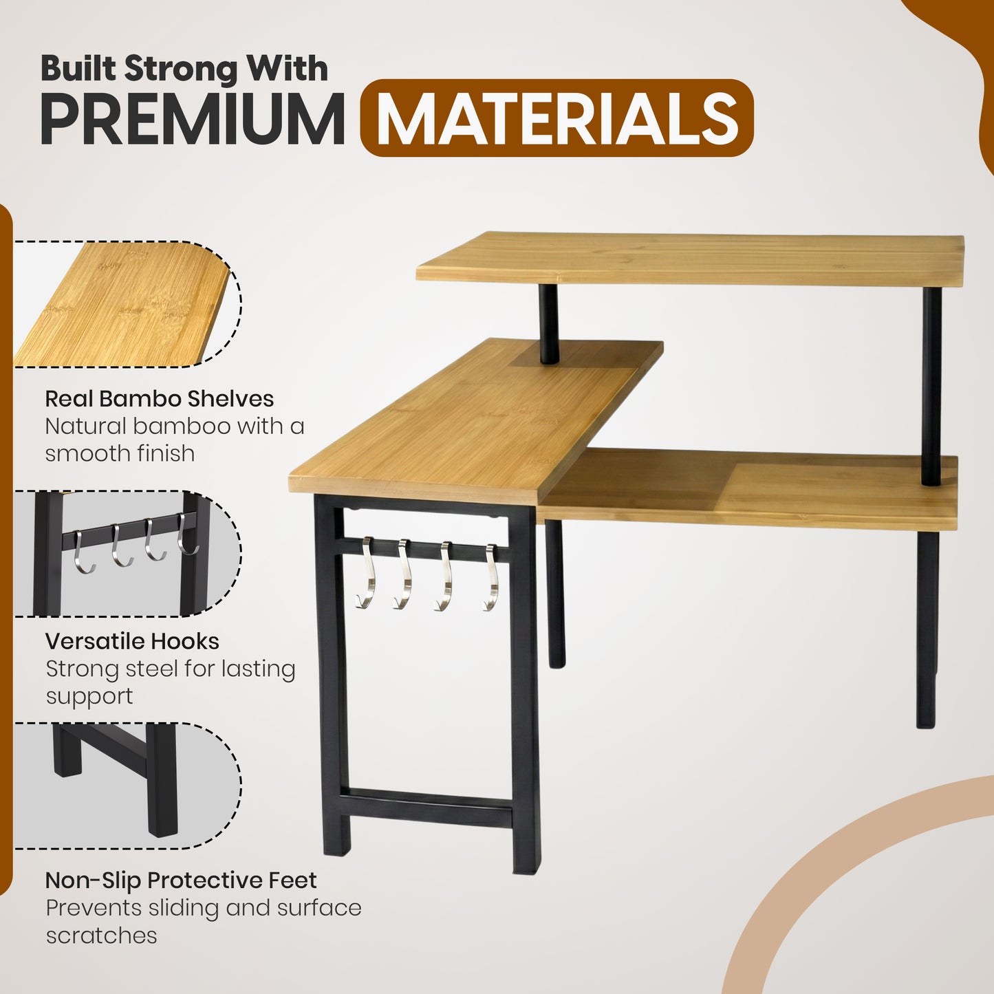 3 Tier Bamboo Corner Shelf with Extended Top Tier