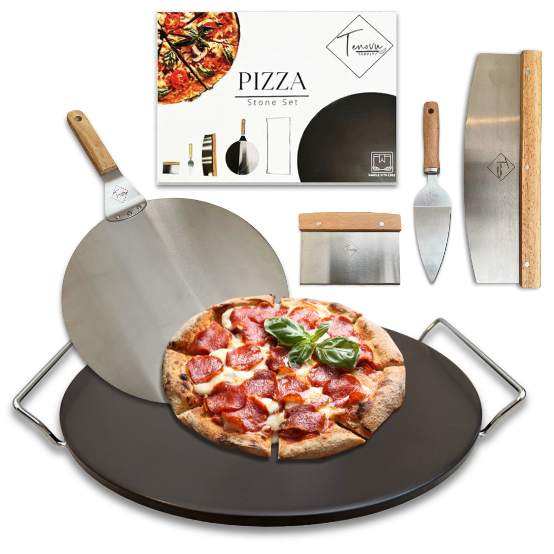 Pizza Stone Set 13" Black Cordierite Oven Grill w/ Peel, Cutter – Tenovu Supply