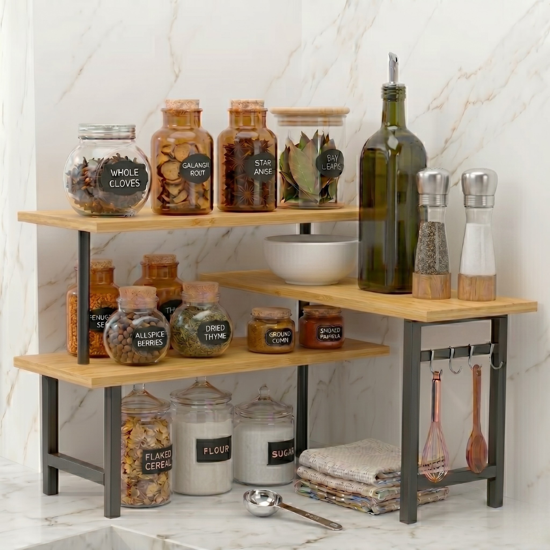3 Tier Bamboo Corner Shelf with Extended Top Tier