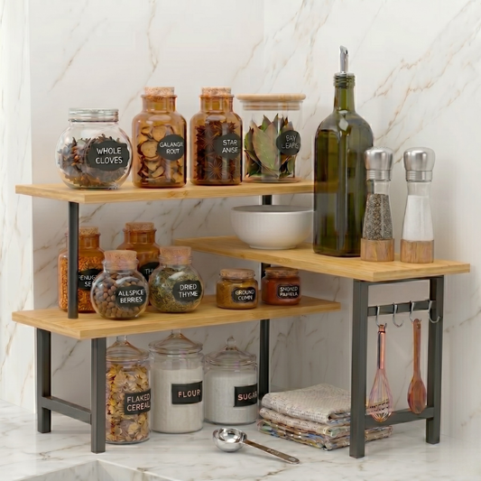 3 Tier Bamboo Corner Shelf with Extended Top Tier