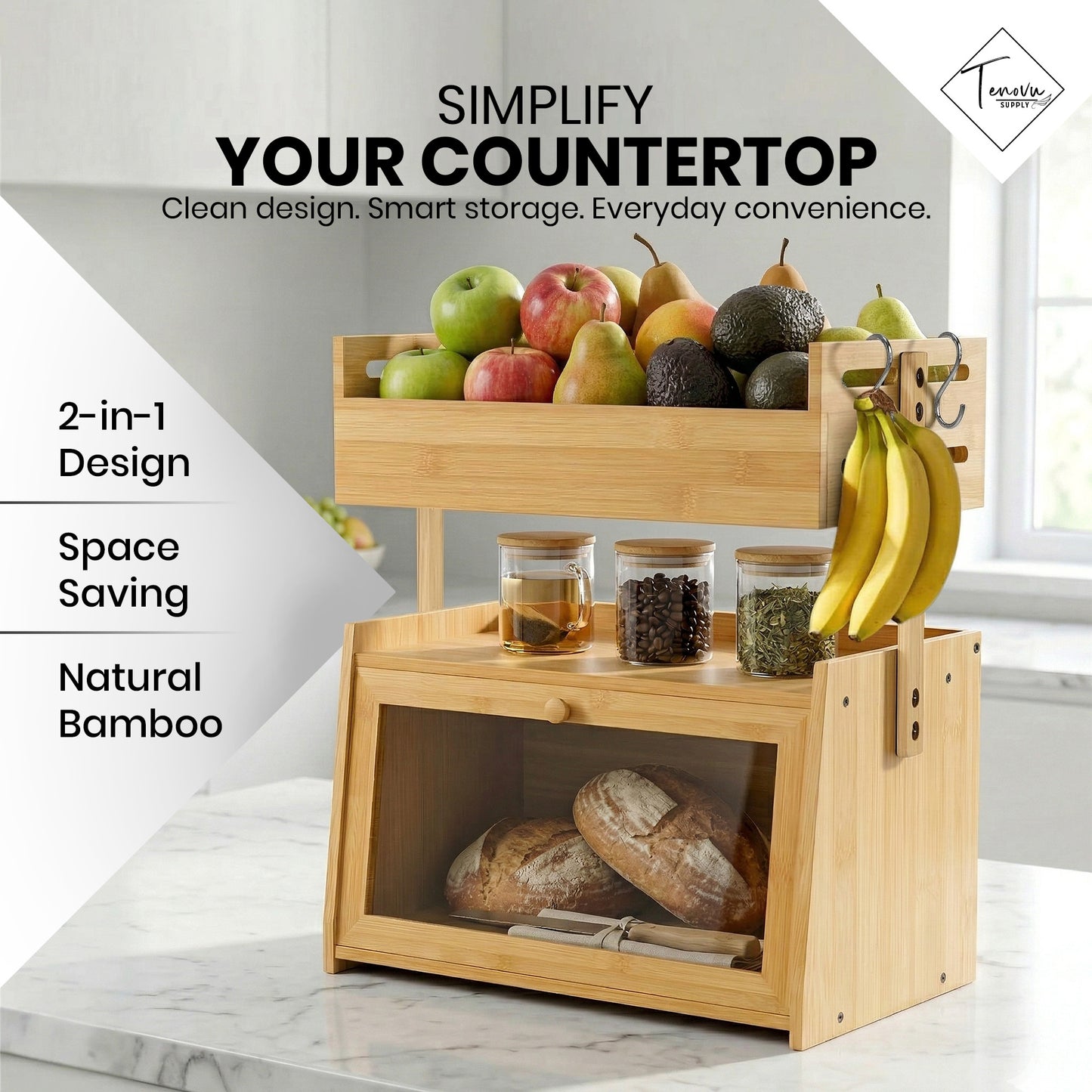 2-in-1 Bamboo Bread Box & Fruit Basket