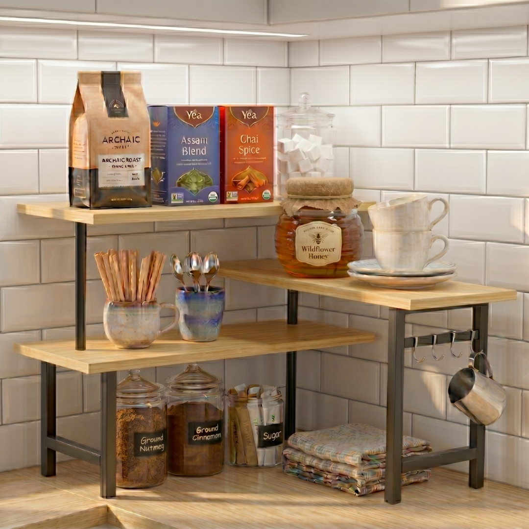 3 Tier Bamboo Corner Shelf with Extended Top Tier