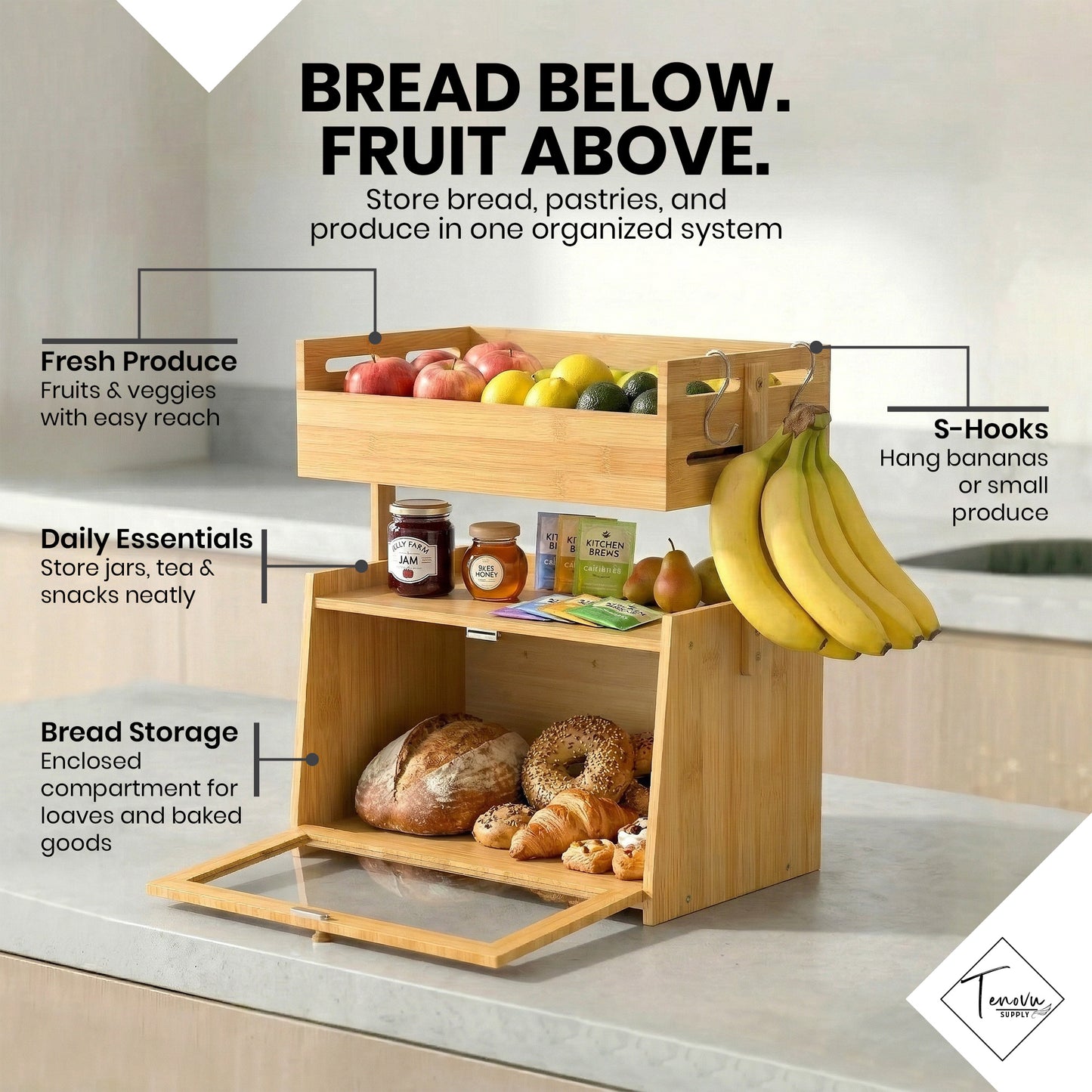 2-in-1 Bamboo Bread Box & Fruit Basket